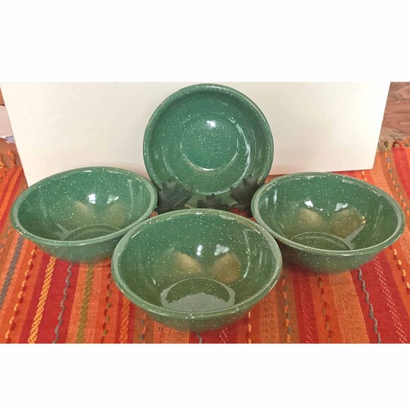 Enamelware 6" Bowls Four Dark Green Speckle EUC - Picture 1 of 3